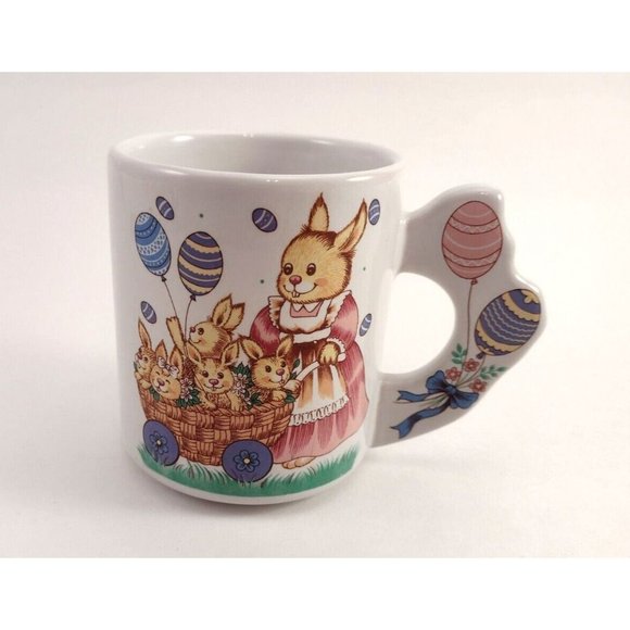 WCL Easter Bunny Rabbit Mug Mom Baby Carriage Coffee Tea Egg Flower Handle - Picture 1 of 7